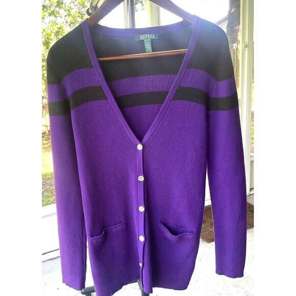Lauren Ralph Lauren SZ LARGE  Purple and Black V-Neck Ribbed Cardigan Preppy - Picture 1 of 12